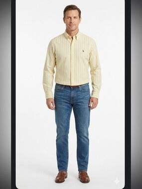 Ralph Lauren Yellow & blue/white stripe Button-Down Logo  Dress Shirt size M.
